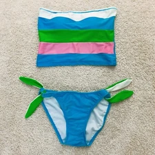Off The Coast Teal Blue Pink Green Sriped 2 piece Bikini Bathing Suit 5 NEW