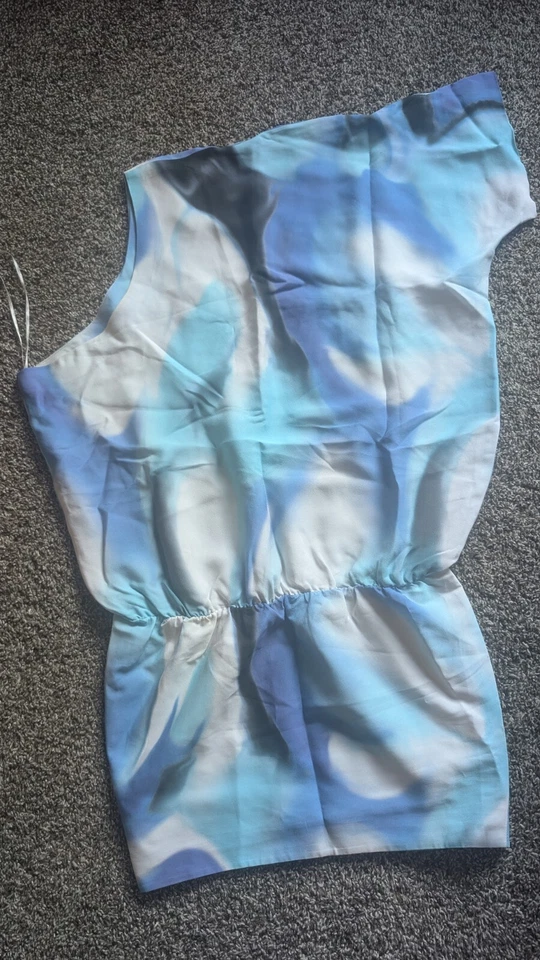 Mini Vestido Halston Heritage Talla 2 100% Seda Azul Aqua Un Hombro Foto 2 de 4