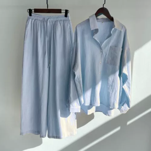 Women Lady Summer Solid Color Cotton Linen Suit Lapel Long Sleeve Top Leg Pants - Bild 38 von 42