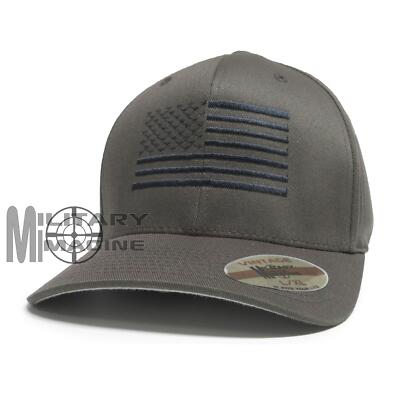 Flexfit Brushed Cap Hat Gray W/ DK American Flag Tactical Operator Military 
