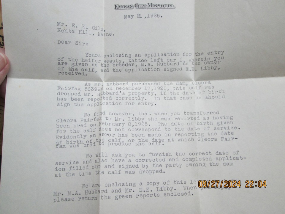 American hereford cattle breeders assoc Kansas City MO 1926 letter