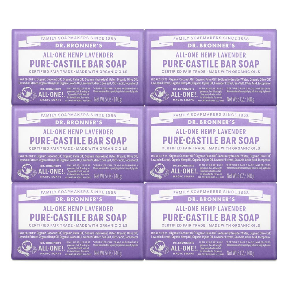 Dr. BronnerS - Pure-Castile Bar Soap (Lavender, 5 Ounce, 6-Pack) - Made with Or