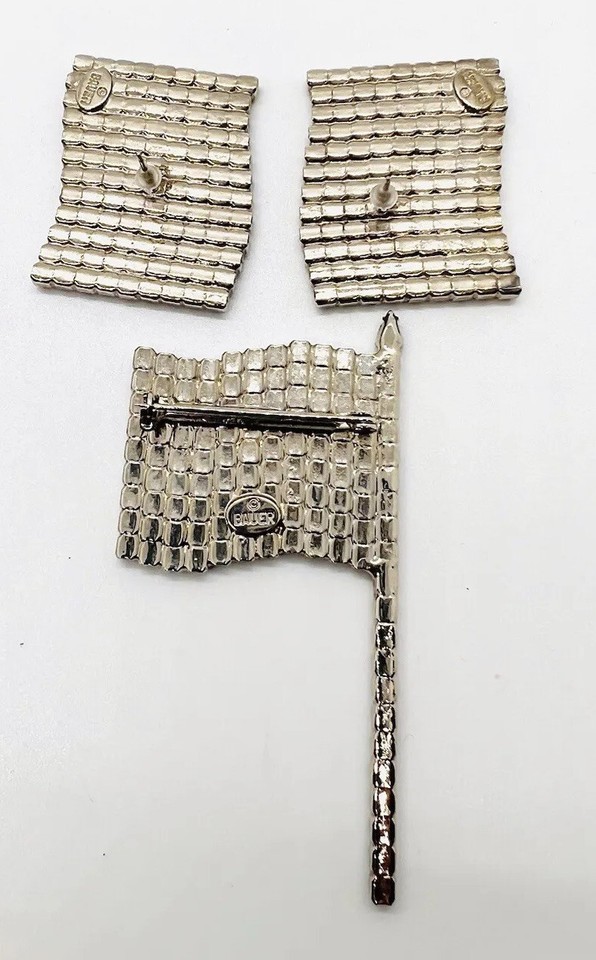 Big DOROTHY BAUER Rhinestone Flag Brooch Earrings Demi Signed Vintage