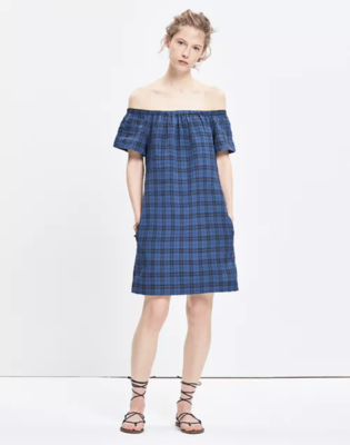 Madewell Plaid Off-The-Shoulder Shift Dress 6 Blue Black Linen Pocket Spring NWT Madewell Plaid Off-The-Shoulder Shift Dress 6 Blue Black Linen Pocket Spring NWT
