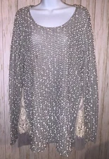Anthropologie A’Reve Womens Large Knit Sweater Top Gray White Fuzzy Lace Sides