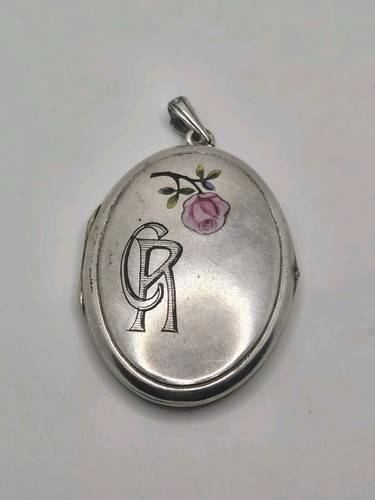 Grand Pendentif Porte-photos Ancien Années 1920/30 Alpacca Email Rose + Chaîne Argent