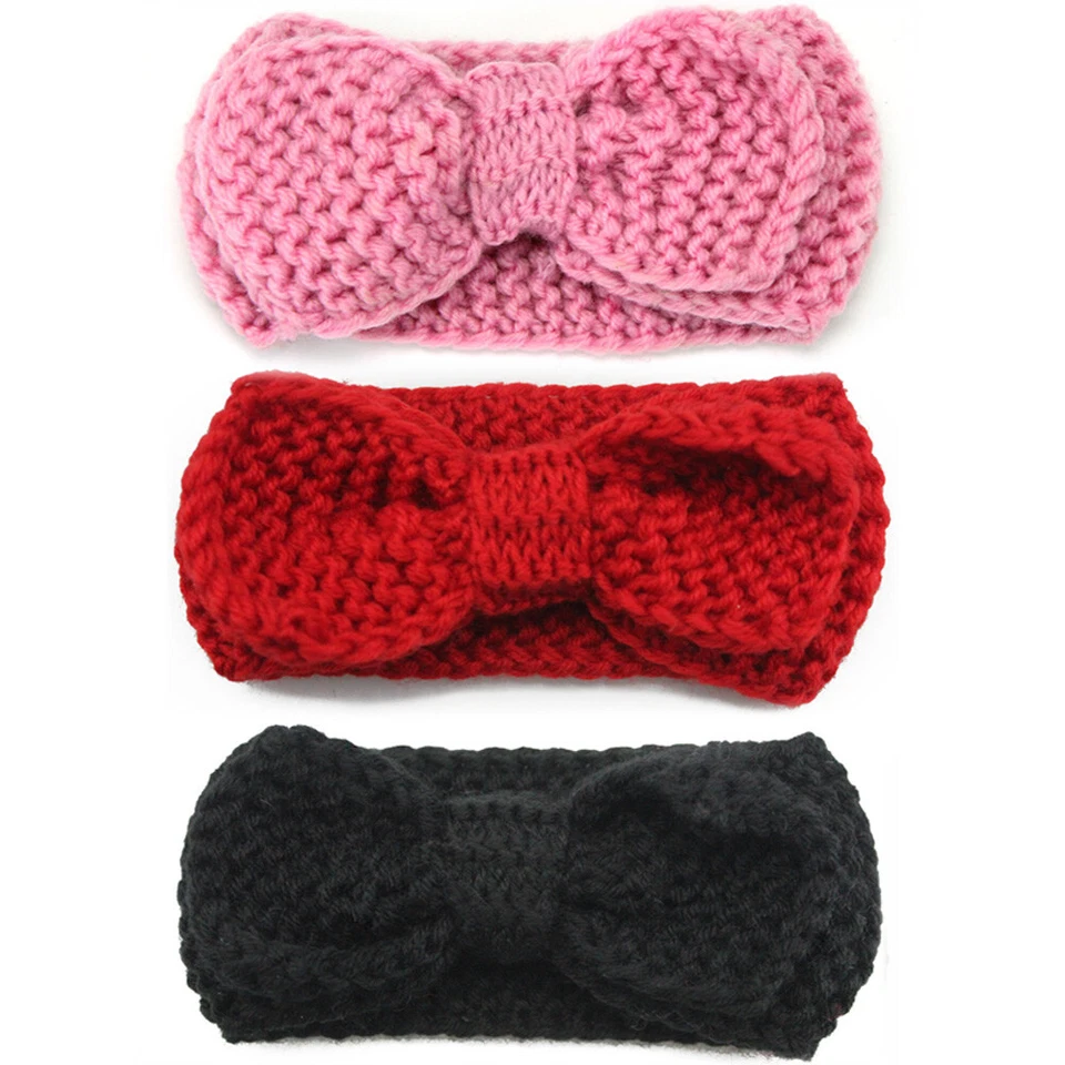 Baby Toddler Kid Girl Bow Turban Elastic Headband Knitted Crochet Hair Head Band - Image 2 of 4