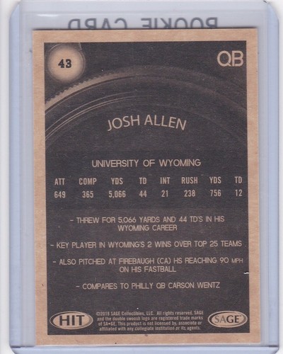JOSH ALLEN ROOKIE CARD Football Buffalo Bills 2018 Wyoming Cowboys IN FOCUS RC - Bild 2 von 2