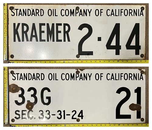 Vintage Porcelain Oil Field Signs (2) - Standard Oil of Calif Kraemer, 33G