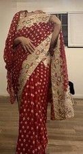 Women  s Red Gold Beige Silk Saree Sari with Embroidered Border Dot Pattern