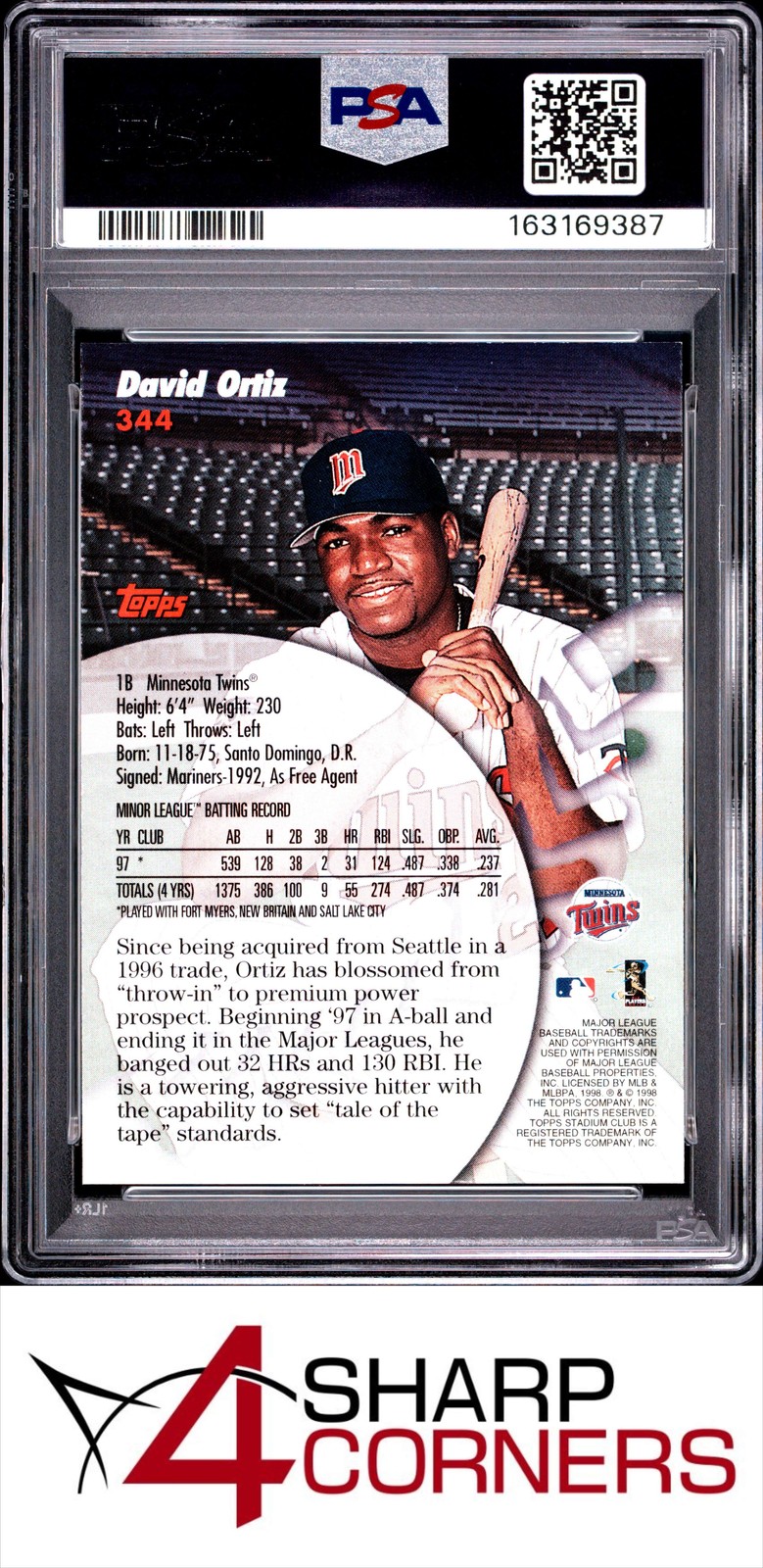 1998 STADIUM CLUB #344 DAVID ORTIZ PRIME ROOKIES PSA 9 view 2