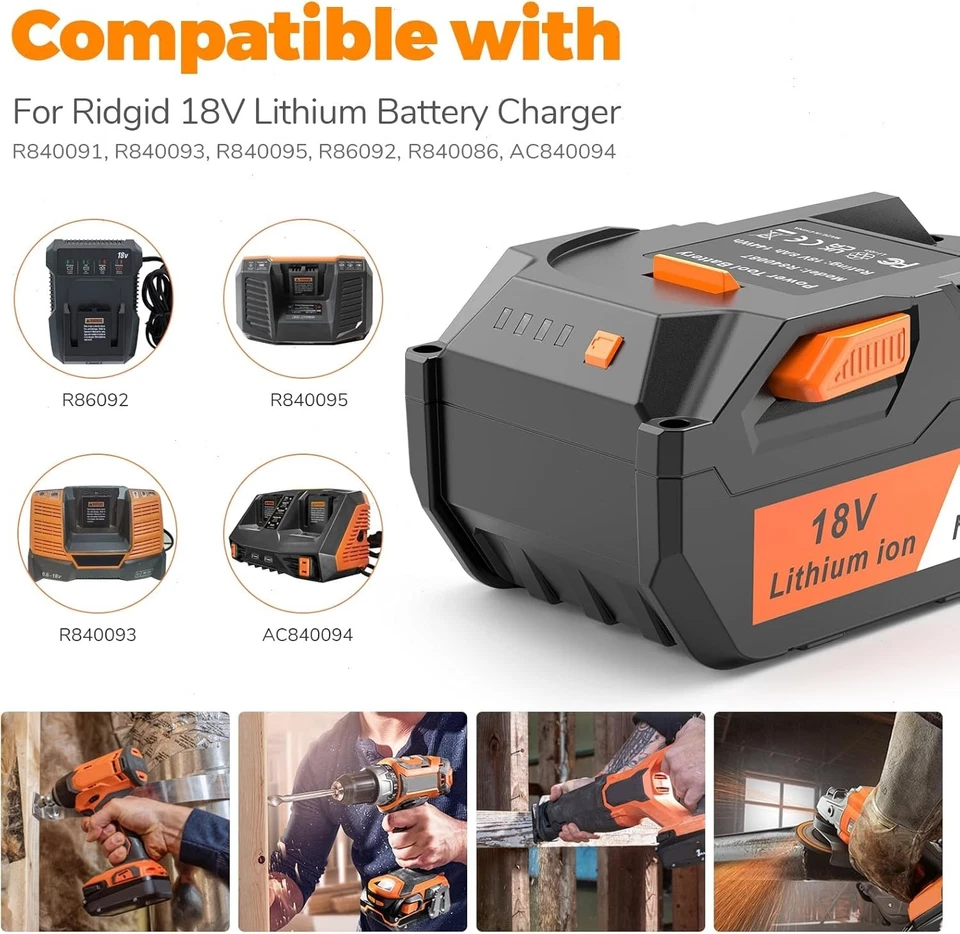 PACK 2 para Ridgid 18V R840085 8.0Ah Batería de iones de litio rígida 18V R840087 Foto 3 de 4