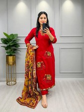 Women Green Embroidered Jaipuri Kurta Pants  Dupatta, Ethnic Salwar Kameez Eid