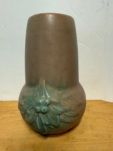 Nelson McCoy Pottery Stovepipe Vase "Leaves and Berries" Matte Brown Green