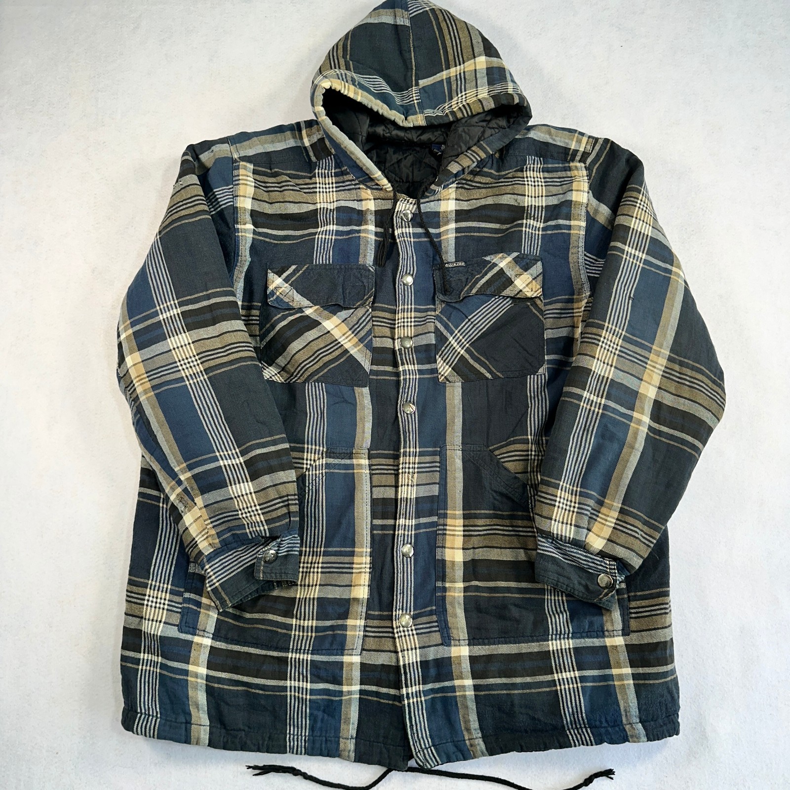 Dickies Mens XL Blue Beige Plaid Hooded Padded Flannel Jacket