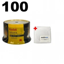 100 Kodak Double Layer 8.5GB 8X DVD+R DL (Logo Top) & 100 Paper Sleeves