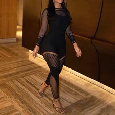 Women’s Black Mesh Sheer Panel Long Sleeve Round Neck Slim Fit Catsuit One Size
