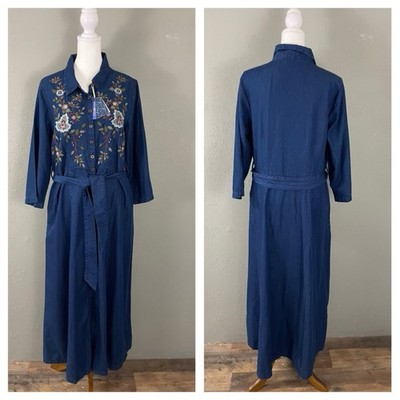 NEW April Cornell $168 Shirtwaist Dress M Embroidered Maxi Belted Pockets Blue