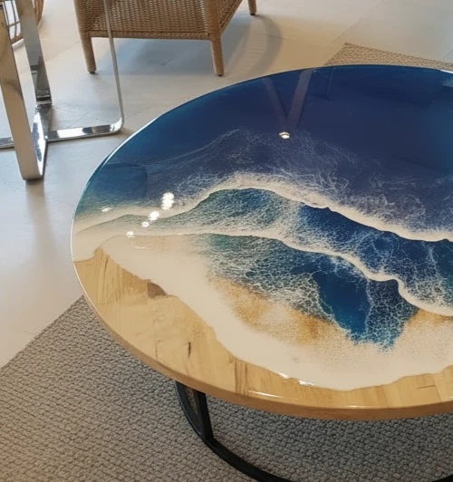 Handmade Ocean Epoxy Resin Table Top – Glossy Blue Sea Waves, Artistic Furniture - Image 3 of 4