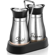 Salt and Pepper Shakers Set with Holder, Stainless Steel and Glass Dispenser  