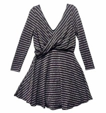 NEW Womens Free People Eggplant Grey Stripe Plunge Front Lined  V-Back Dress L