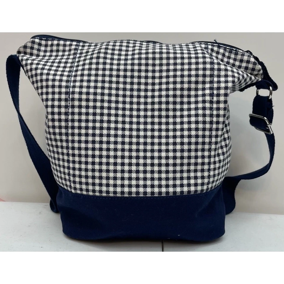 Bolso de Hombro Lands End Cuadros Guinga Azul Marino Blanco Lona Cremallera Cartera Ajustable Foto 2 de 4