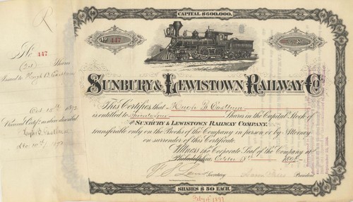 Sunbury and Lewistown Railway Co. - 1890-1895 Stock Certificate - Railroad Sto