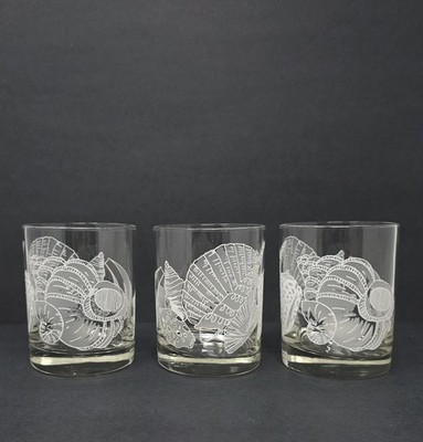 3 Vintage Old Fashioned Whiskey Rock Glasses With Nautilus Seashell Design 