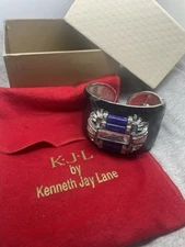 Vintage Signed Kenneth Jay Lane Black Enamel Art Deco Crystal WIDE Cuff Bracelet