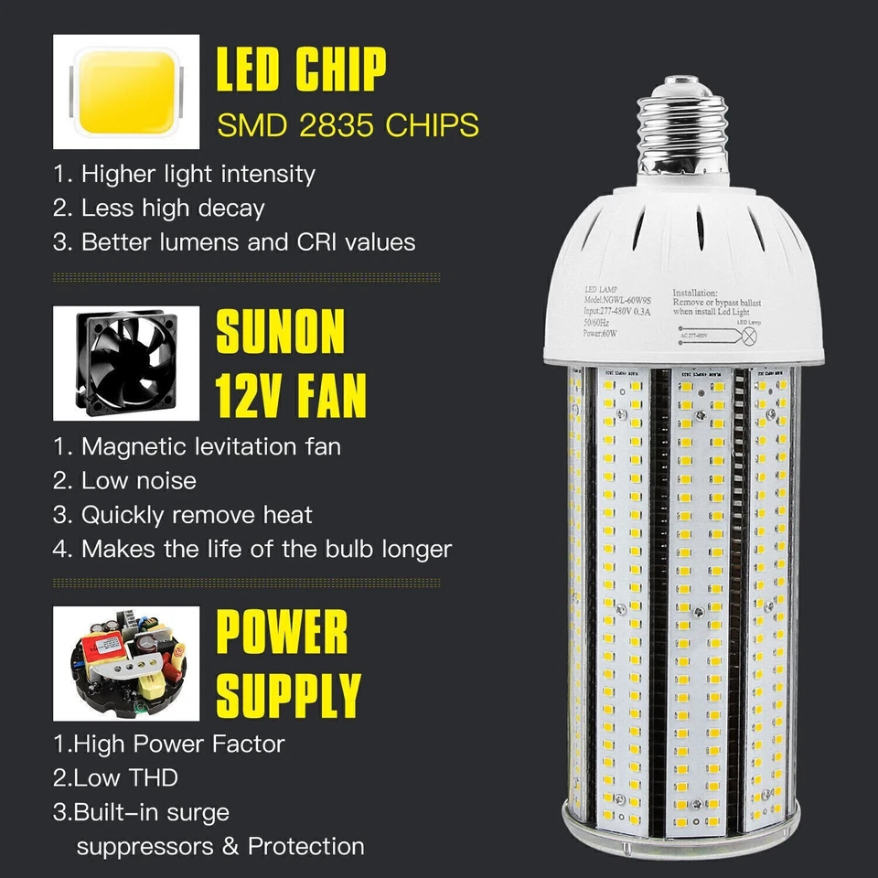 AC480V 347V LED Corn Cob Light Bulb 60W E39 Mogul Base Led Bulbs 5000K Daylight - Image 2 of 4