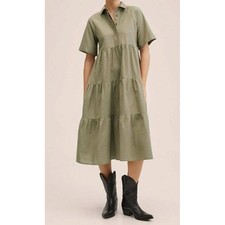 Mango MNG Womens Taupe Brown Linen Blend Tiered Midi Dress Size 4 Raglan Sleeve