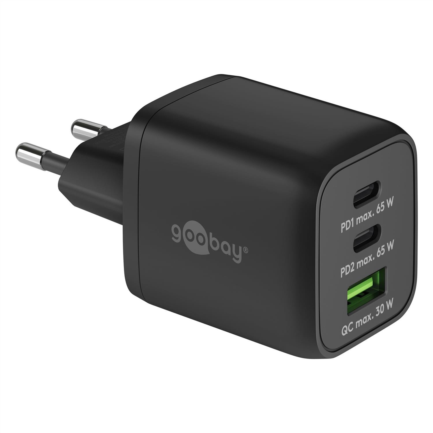 Chargeur USB-C GaN 65W Goobay pour recharger deux appareils simultanément