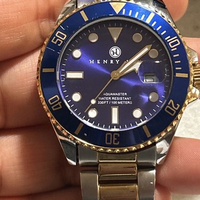 Henry Jay Aquamaster 100M Diver Men's Watch Two Tone Gold Plated Blue Dial