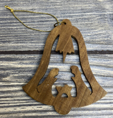 Vtg Christmas Ornament Wooden Bell Depicting Nativity Scene 3 