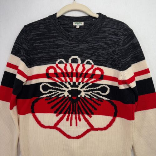 Kenzo Pullover Damen S grau creme gestreift Blumen 100% Wolle japanischer Designer mutig - Bild 4 von 12
