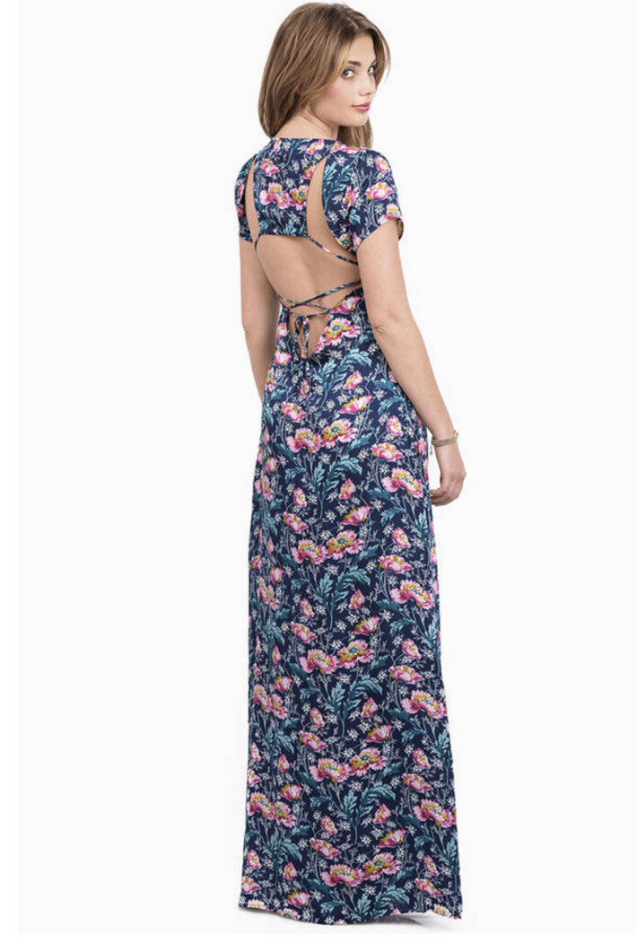 Tobi Navy Blue Floral Maxi Dress Open Back XS