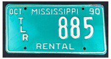 Mississippi 1990 RENTAL TRAILER License Plate 885!