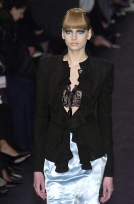 NEW YSL YVES SAINT LAURENT Rive Gauche Wool Jacket 44 12 Black Ruffle VINTAGE