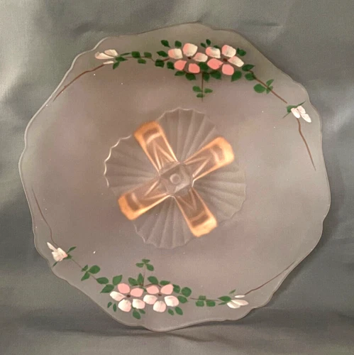 PINK DEPRESSION GLASS: Frosted Footed Platter - Hand Painted Flowers