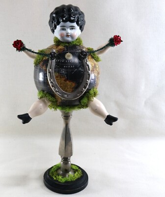 Lucky Globe Girl Horseshoe Good Luck Figurine Decor Mixed Media Folk Art