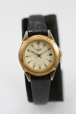 Pulsar Damen Uhr Gold Silber Edelstahl Wr Schwarz Leder Datum Quarz