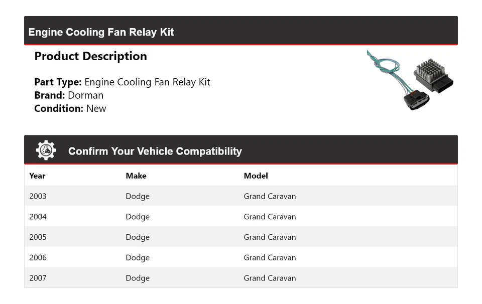 Kit de relé de ventilador de refrigeración del motor Dorman para Dodge Grand Caravan 2003-2007 2004 2005 Foto 2 de 4
