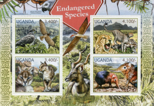 Uganda Wildtiere Briefmarken 2012 postfrisch Greifvögel Adler Geparden Spitzmäuse 4v M/S - Bild 1 von 1