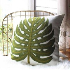 Green Monstera Plant Leaf Leaves  Embroidered Boho Throw Pillow Cover 18x18