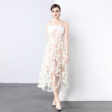 French Mesh Embroidery Sequins Flower Women Sexy Rhinestone Suspender Slim Dress