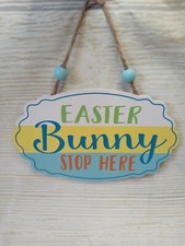 New "Easter Bunny Stop Here" Hanging Wood Sign Decor Ornament Spring Carrots Egg