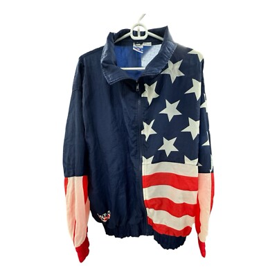 VTG Mens Pro Spirit Zip Up Windbreaker Size Large USA Flag Red White Blue EUC