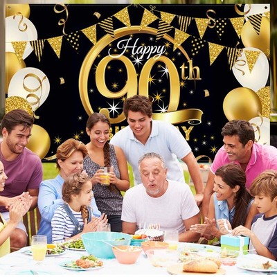 Happy 90th Birthday Banner - Black With Gold Glitter, Pre-Assembled, 6.4ft Long