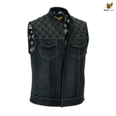 Leatherick Herren genarbtes Leder Groove Biker Club Weste Paisley Futter Weste
