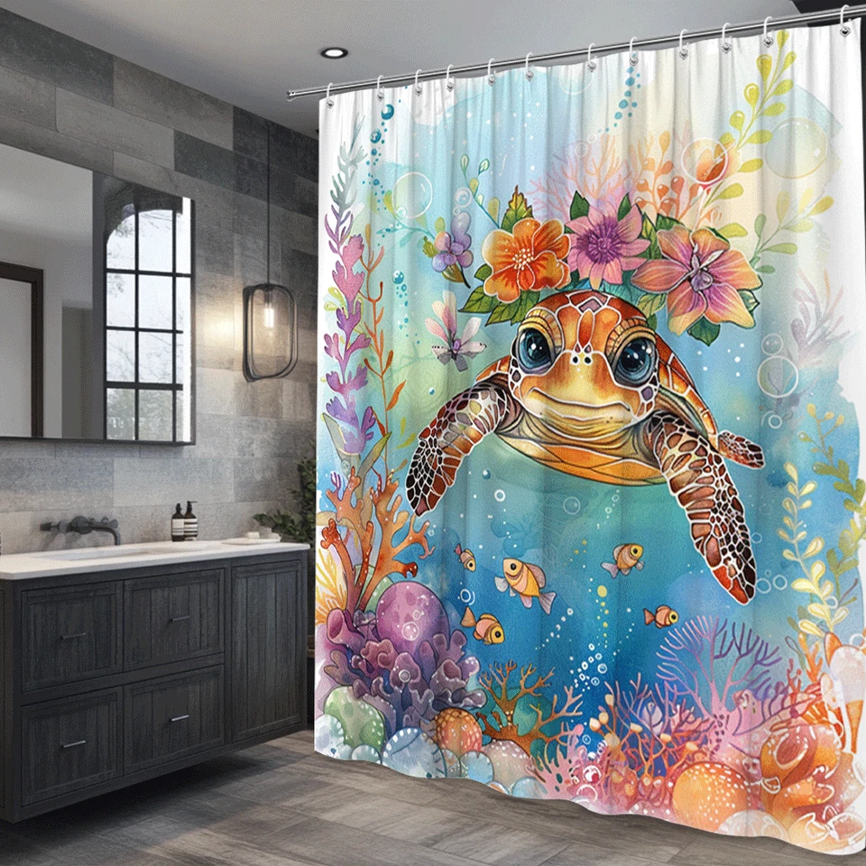 Linda tortuga marina con corona floral y arrecife de coral colorida ducha del océano Foto 4 de 4